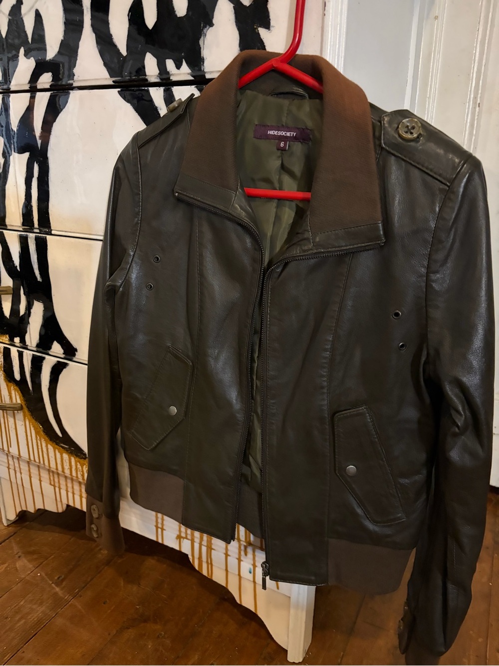 Society Olive Leather Bomber Jacket with Brown Rib Trim